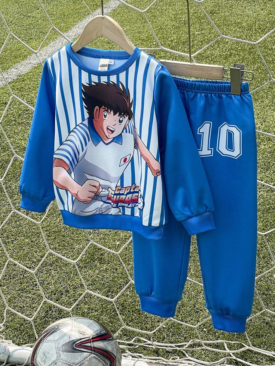 Captain Tsubasa X SHEIN 2pcs/Set Young Boy Sports Casual Figure Graphic Crew Neck Long Sleeve Sweatshirt And Pants Knit Suit, Blue - Blue - View 1