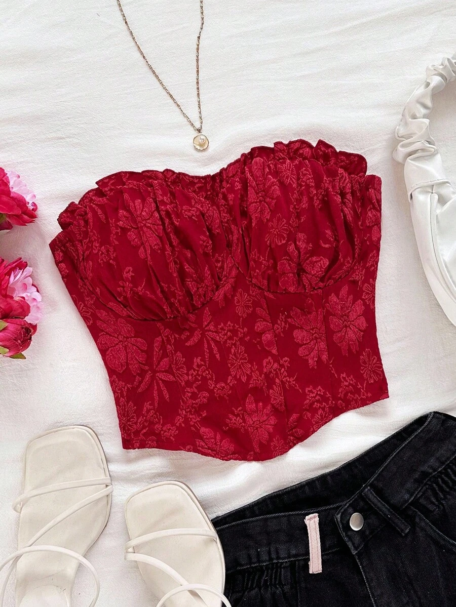 Soleia Damen Urlaub rotes sexy gerafftes strukturiertes Stoff Bandeau Volant Bodycon Top, für Party, Date Night, Valentinstag, Nachmittagstee