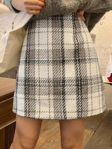 DAZY 女式格纹印花优雅时尚A字裙，秋冬 - 白色 - 查看 5