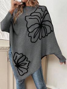 SHEIN LUNE Sweater Lengan Kelelawar Motif Bunga 3D untuk Wanita, Tren Musim Gugur/Dingin - Grey - View 5