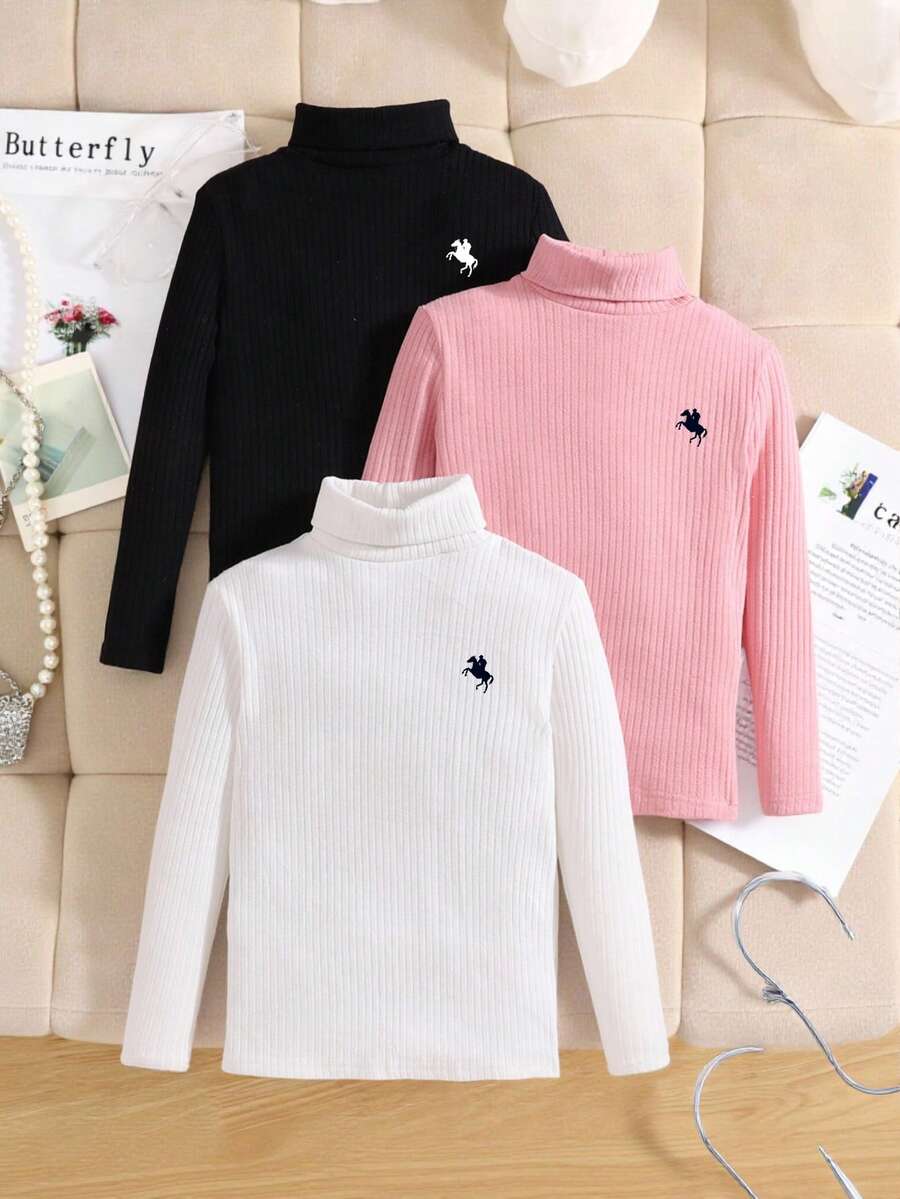 SHEIN 3pcs Atasan Rajut Lengan Panjang Kerah Bulat Warna Polos untuk Anak Perempuan Remaja, Blus Serbaguna Kasual untuk Sehari-hari, Musim Gugur/Dingin - MultiWarna - View 1