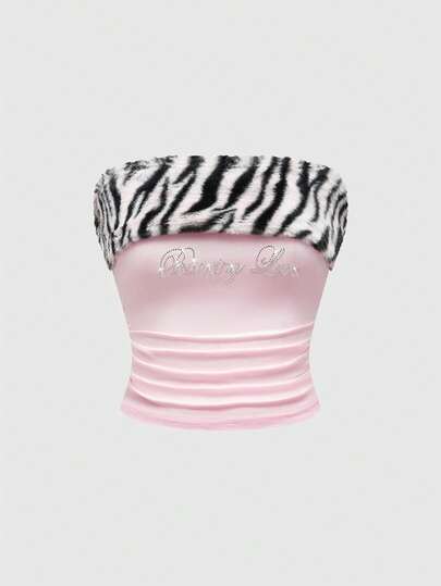 ROMWE J-Fashion Gyaru Bodycon Crop Top For Women, Featuring Rabbit Fur Printed Patchwork, Rhinestone Decor Zebra Pattern, Seamless In Pink Color