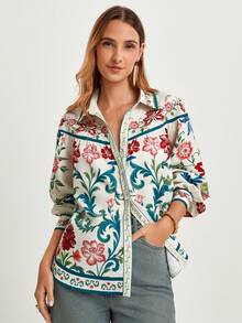 CAJUNI 女式休闲度假花卉印花长袖衬衫上衣，秋季约会装，热带风情，波西米亚风 - 彩色 - 查看 6