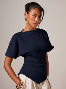 COSMINA Women's Elegant Ruched Round Neck T-Shirt, Suitable For All Seasons - Navy Blue - View 4