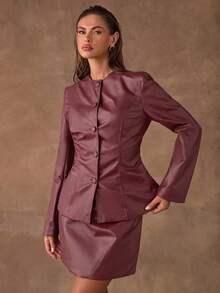 SHEIN BAE Ensemble tailleur femme composé d'un blazer à manches longues avec boutons devant et d'une jupe crayon de couleur unie - Rouge foncé - Voir 4