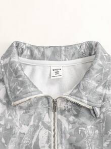 SHEIN Tween Girl 休闲街头时尚枯枝迷彩印花落肩拉链半开短款卫衣，适合秋冬季休闲日常穿着，Y2K - 灰色 - 查看 4