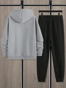 Manfinity Homme 男士纽约字母印花休闲简约通勤卫衣和运动裤套装（2件套），秋冬季，保暖内衬 - 彩色 - 查看 2