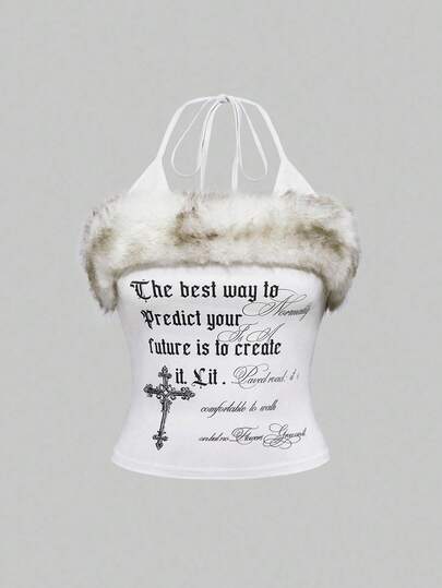 Plus Size Gothic Text & Cross Decor 2 In 1 Fuzzy Collar White Camisole And Tank Top, Autumn/Winter Plus Size Gothic White Camisole Tank Top, Plus Size White Women Camisole Top