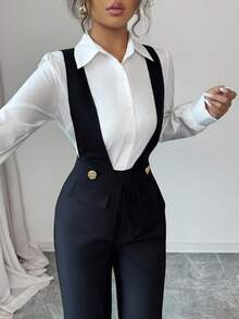 SHEIN Elenzya 女式黑色深 V 领褶饰腰部连体裤，带前片，优雅精致的教师装，适合独立日、秋季 - 黑色 - 查看 4