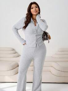 SHEIN EZwear 2-Piece Autumn Loungewear Set,Plus Size Curve Ribbed Knit Shirt Collar Cardigan & Slim Flare Pants,Plain Grey Fuzzy Texture Smart Casual Fashion - Grey - View 4