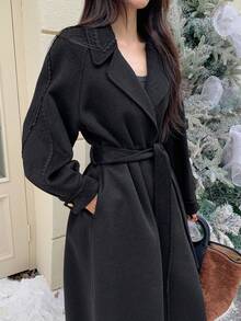 DAZY 女士休闲宽松长袖翻领长款羊毛混纺大衣，适合都市生活方式，秋冬 - 黑色 - 查看 1