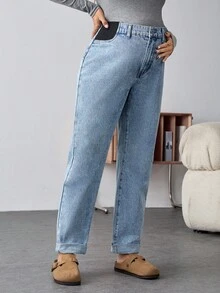 SHEIN Maternity Fall Autumn Winter Halloween Christmas New Year Thanksgiving Commuting Vacation Y2k Cute Streetwear Birthday Airport Party Old Money Work Casual Everyday Commute Versatile High Waist Cuffed Hem Straight Leg Jeans Thermal Lined Warm Jeans For Women High Waist Light Wash Elastic Denim Pants Cozy Winter Style Blue Jeans