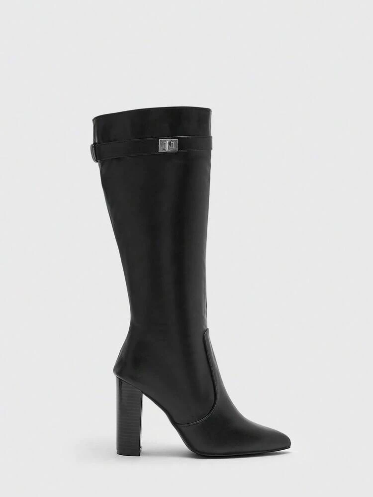 CUCCOO BIZCHIC High-Quality Autumn/Winter Buckle Commuter Black Knee-High Boots, Pointed Toe Chunky Heel Elegant Women's Boots, Fashionable Versatile New Style Long Boots, Showcasing Feminine Charm And Elegant