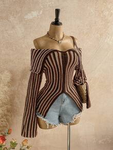 Soleia 女式度假休闲条纹露肩针织上衣 - 咖啡棕 - 查看 3