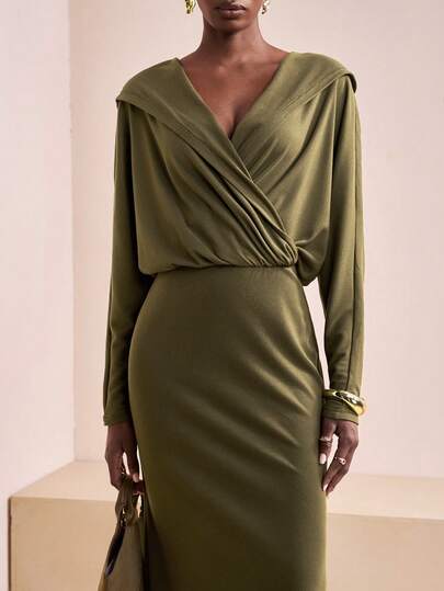 Zivah 秋冬新婚季新年情人节款式适合日常约会、通勤、商务、淑女、优雅、邮轮派对、简约、网络流行、生日宴会、高端派对、穆斯林风格连帽、前开襟、蝙蝠袖、长袖、紧身连衣裙、H型长裙、军绿色长裙女士-A