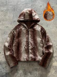 AXEPEAK Men's Fashionable Retro Ombre Faux Fur Hooded Jacket, For Fall Winter - Bronze - View 1