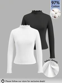 Tseoso 97% Cotton, 2pcs Black & White Casual High Neck Long Sleeve Fitted Long T-Shirt Set For Women, Elegant, Warm And Breathable, Clean Girl Style, Suitable For Autumn & Winter, Vintage, Soft Girl, Home, Back To School, Fall Women Clothes, Versatile - Multicolor - View 2