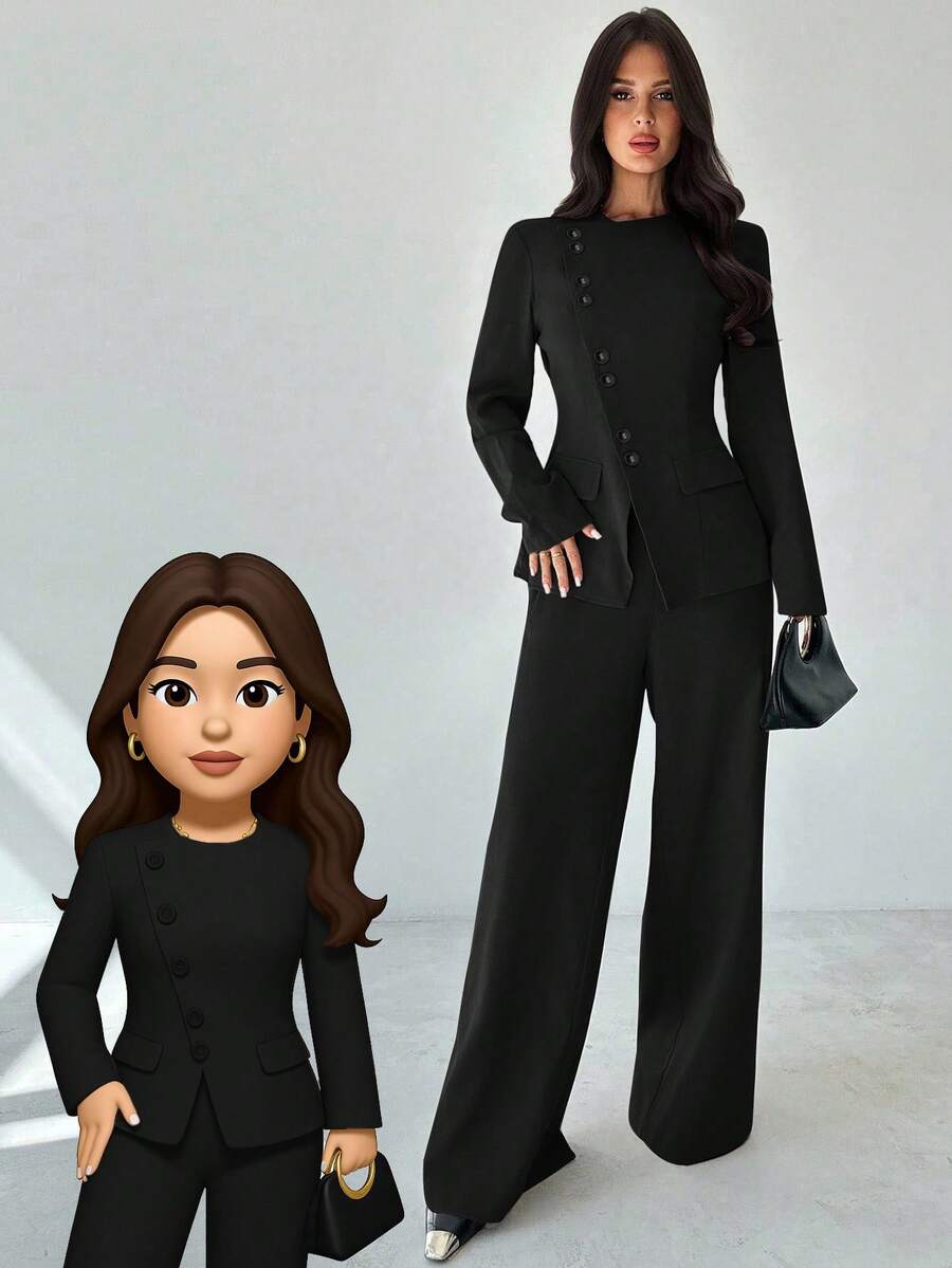 Firerie 女士优雅通勤日常百搭街头时尚新款不对称翻领纽扣腰长袖西装外套和高腰长裤卡其灰色两件套西装套装秋冬女装 - 黑色 - 查看 1