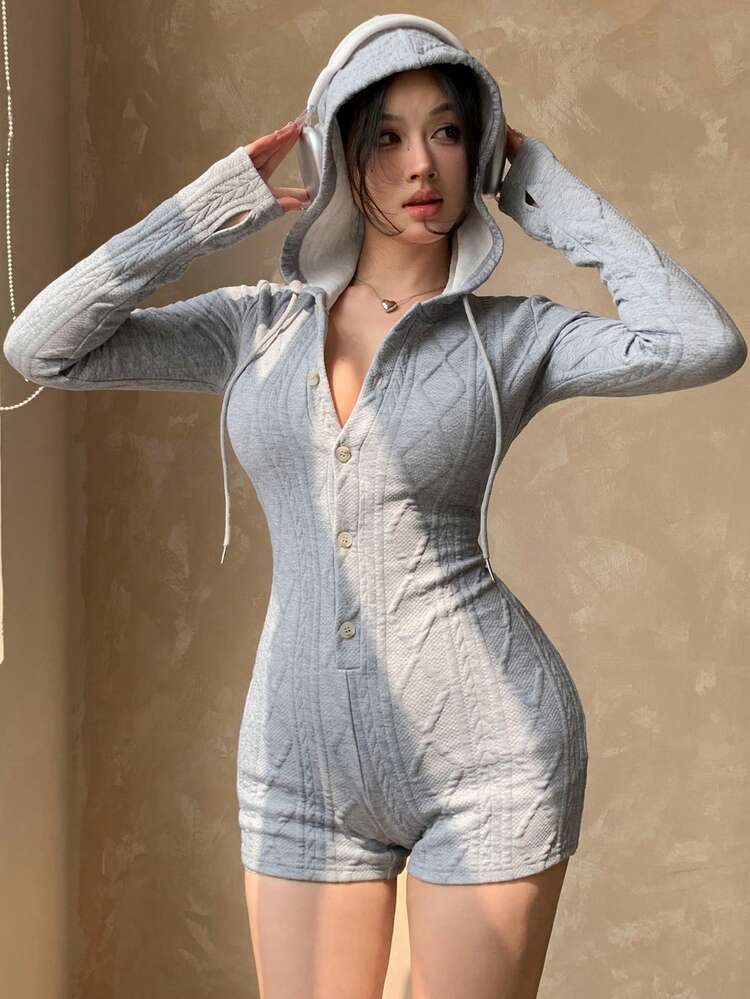 Women's Loose Casual Tight Fitness Sportswear, Fashion Street Textured Plaid Hoodie Jumpsuit, Autumn/Winter Rompers For Women