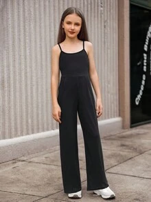 女童宽松休闲连体裤，简约黑色无袖宽松直筒连体裤 - 黑色 - 查看 6