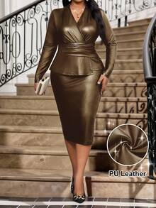 Fleurora New Plus Size Dresses Fall Outfits For Women Autumn And Winter Elegant Commuting Office Concert/Music Festival Plus Size Business Office Dress Chic Dress Business PU Dress Gold Dress Winter Dress Women Fall Dresses For Women Winter Dress Women Stylish Clothing Collection Winter Clothes Faux Leather Dress Metallic Gold Long Sleeve Dress Bronze Elegant Dress Women Long Sleeve Dress Luxury Midi Dress Brown Dress Long Sleeve Elegant Dress Bronze Dress Luxury Dress For Women