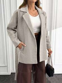 Women's Solid Belted Short Good Quality Elegant Wool Coat - Beige - View 5
