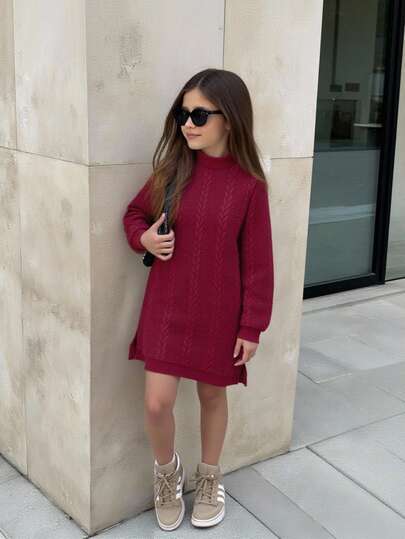 Elladie kids 青少年女孩勃艮第红色纹理面料简约长袖圆领圣诞派对连衣裙