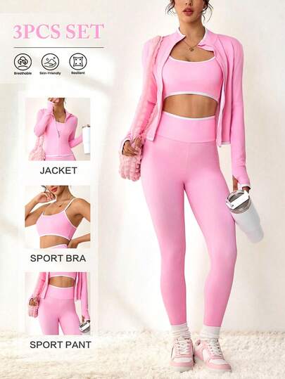Sovereign Charm 3件套女士撞色包边吊带背心、高腰紧身裤和拉链外套运动服套装，粉色女士运动套装，3件套运动套装