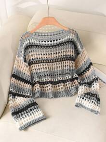 CosyJoli Plus Size Casual Blue & White Striped Hollow Out Boat Neck Loose Cropped Long Sleeve Sweater In Fall/Winter