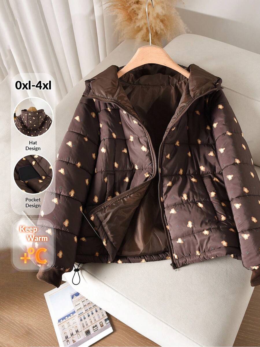 CosyJoli Große Größen Lässiger Kapuzen-Baumwoll-Steppmantel mit Blume Muster - Kaffeebraun - Übersicht 1