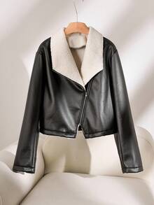 CosyJoli 大码休闲摩托车夹克，PU 皮革和毛皮衬里，黑色外套短款皮夹克女士秋冬服装
