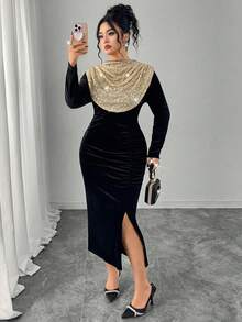 Modelyn Elegantes Partykleid für Damen in Große Größen mit Rüschenkragen, Samt- und Pailletten-Patchwork - Schwarz - Übersicht 4