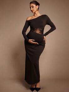 MaterniChic Gravidklänning med sneda axlar och långärmad spets och lapptäcke i midjan, åtsittande och elegant - Brun - Visa 3