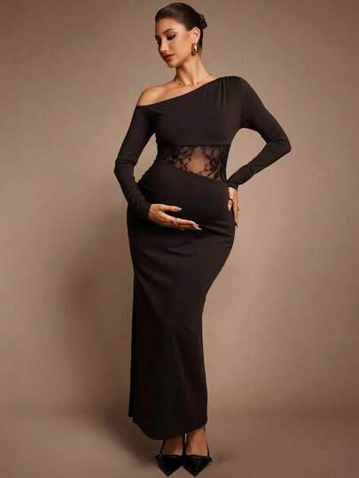 MaterniChic Abito elegante da donna in gravidanza con spalle oblique, maniche lunghe, inserti in pizzo e vita aderente