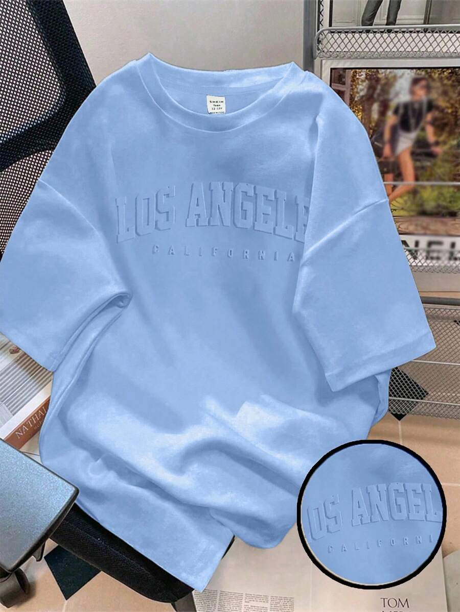 SHEIN EZwear Oversized Casual 3D Embossed English Slogan Graphic Round Neck Short Sleeve Loose T-Shirt For Women - Baby Blue - View 1