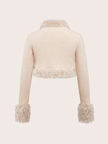 SHEIN ICON Solid Fuzzy Trim Open Front Crop Fall Clothes Women Jacket - Apricot - View 2