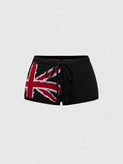 ROMWE Avant Women's Kpop Retro American Street Style Union Jack Jacquard Sweater & Shorts Set