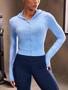 Powerista Chaqueta deportiva con capucha, ajustada y con cremallera frontal de manga larga para mujer - Azul - Ver 3
