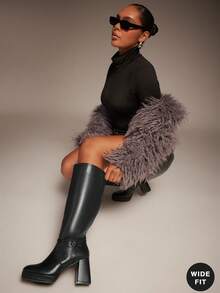 SHUZIA 女式宽筒时尚舒适粗跟及膝靴，带金属扣装饰 - 黑色 - 查看 5