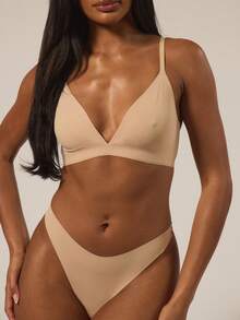 MUSERA ESSENTIALS V Plunge Adjustable Strap Bra And High Leg Thong Multipack Set Autumn Lounge Winter Fall Underwear Everyday Essential Spring Summer Vacation Holiday - Apricot - View 6