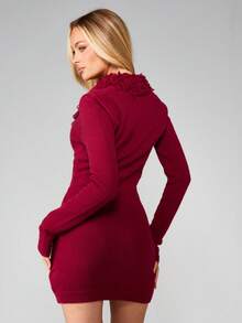MISSGUIDED Burgundy Knitted Fringe Detail Plunge Neck Long Sleeve Mini Sweater Dress Fall Winter Cozy Bodycon - Rose Red - View 2