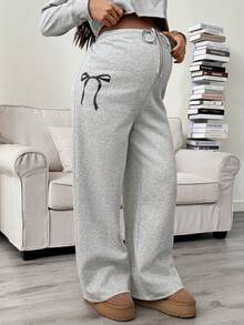 SHEIN 孕妇蝴蝶结印花羊毛抽绳腰休闲运动裤