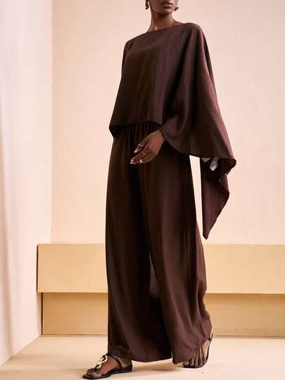 Zivah 2025秋冬新款通勤优雅休闲度假宽松棕色长袖上衣+高腰阔腿裤女两件套，旅行，通勤，聚会，度假，老款风格，购物，宴会，优雅，派对，约会，休闲-A