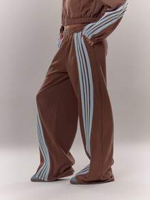 MUSERA 阔腿针织撞色细节运动裤，适合日常穿着，舒适百搭，秋冬季蓝色和棕色 - 彩色 - 查看 3