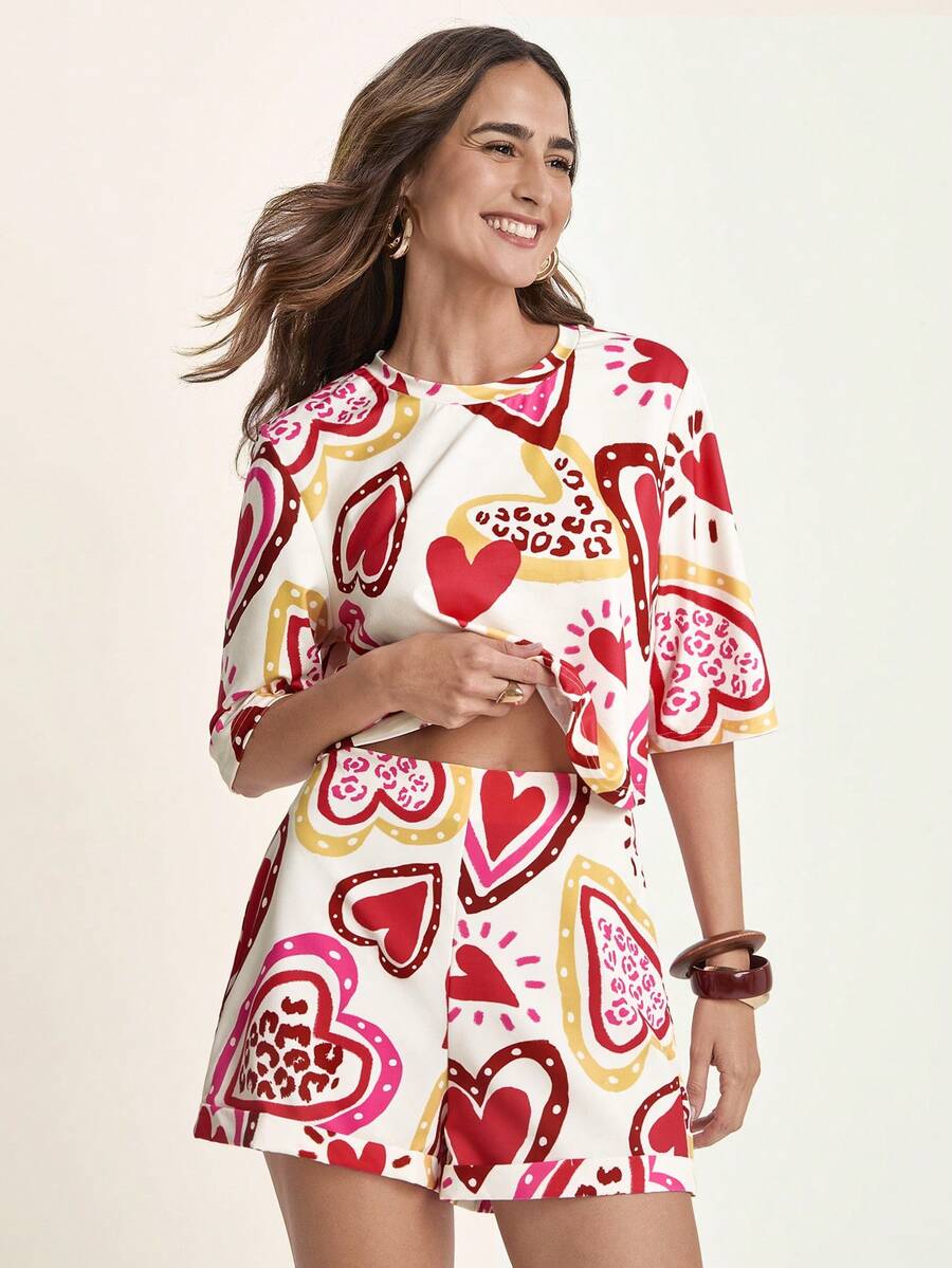 CAJUNI Women's Colorful Heart Print, Bohemian Style Apricot Mini Shorts, Casual Holiday Beach Shorts For Summer