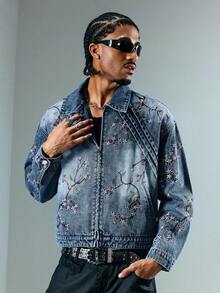 ROMWE MEN Street Life Veste en jean décontractée polyvalente à manches longues et encolure brodée pour hommes