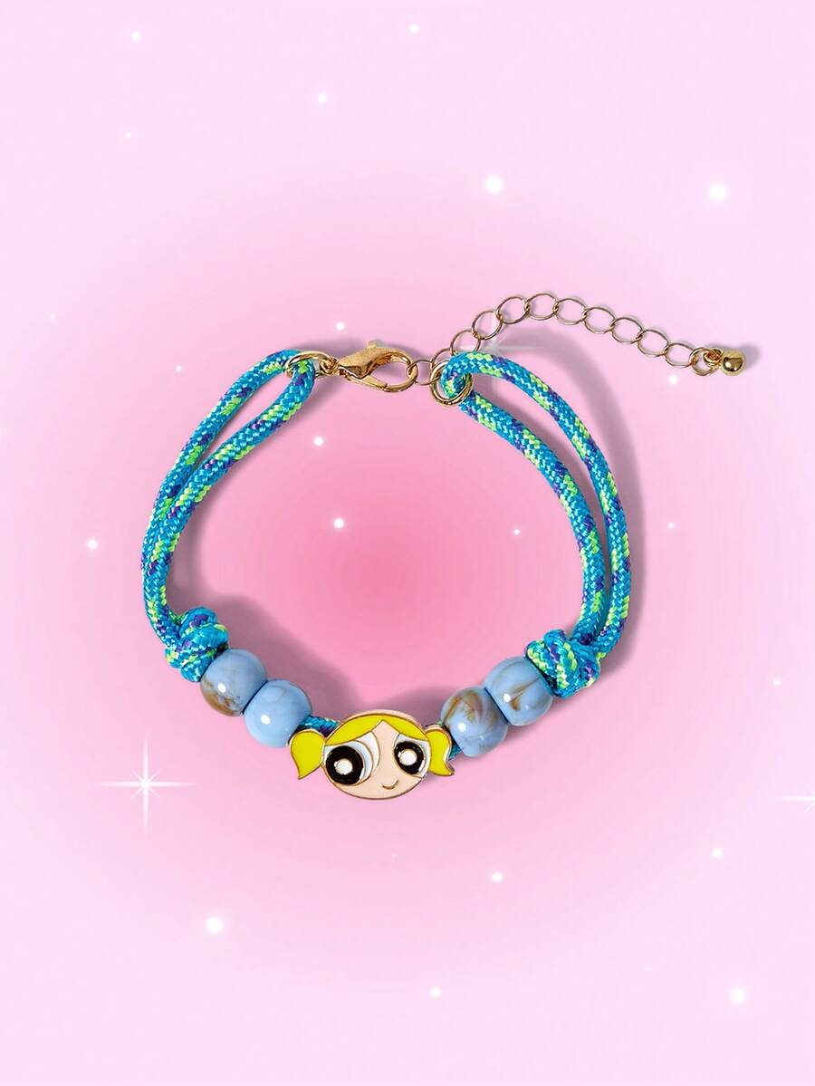 THE POWERPUFF GIRLS X SHEIN 1 件泡泡图案时尚编织手链 - 藍色 - 查看 1