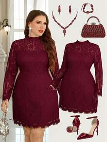 Ellevyn Vestido con adorno de encaje blanco elegante, vestido de manga y bajo con encaje floral de talla grande para mujer en primavera - Burdeos - Ver 1