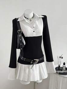 Elamini Váy xếp ly kẻ sọc chắp vá 2 trong 1 dành cho nữ, thanh lịch, cổ điển, đi làm, trở lại trường - Đen và trắng - Xem 5