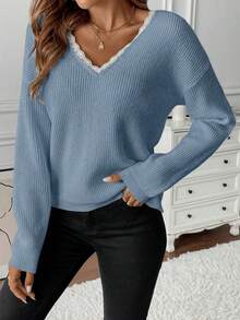 SHEIN LUNE Women's Loose Fit Pullover Sweater With Bowknot Decor And Contrast Lace, Long Sleeve, Suitable For Autumn/Winter - Blue - View 5
